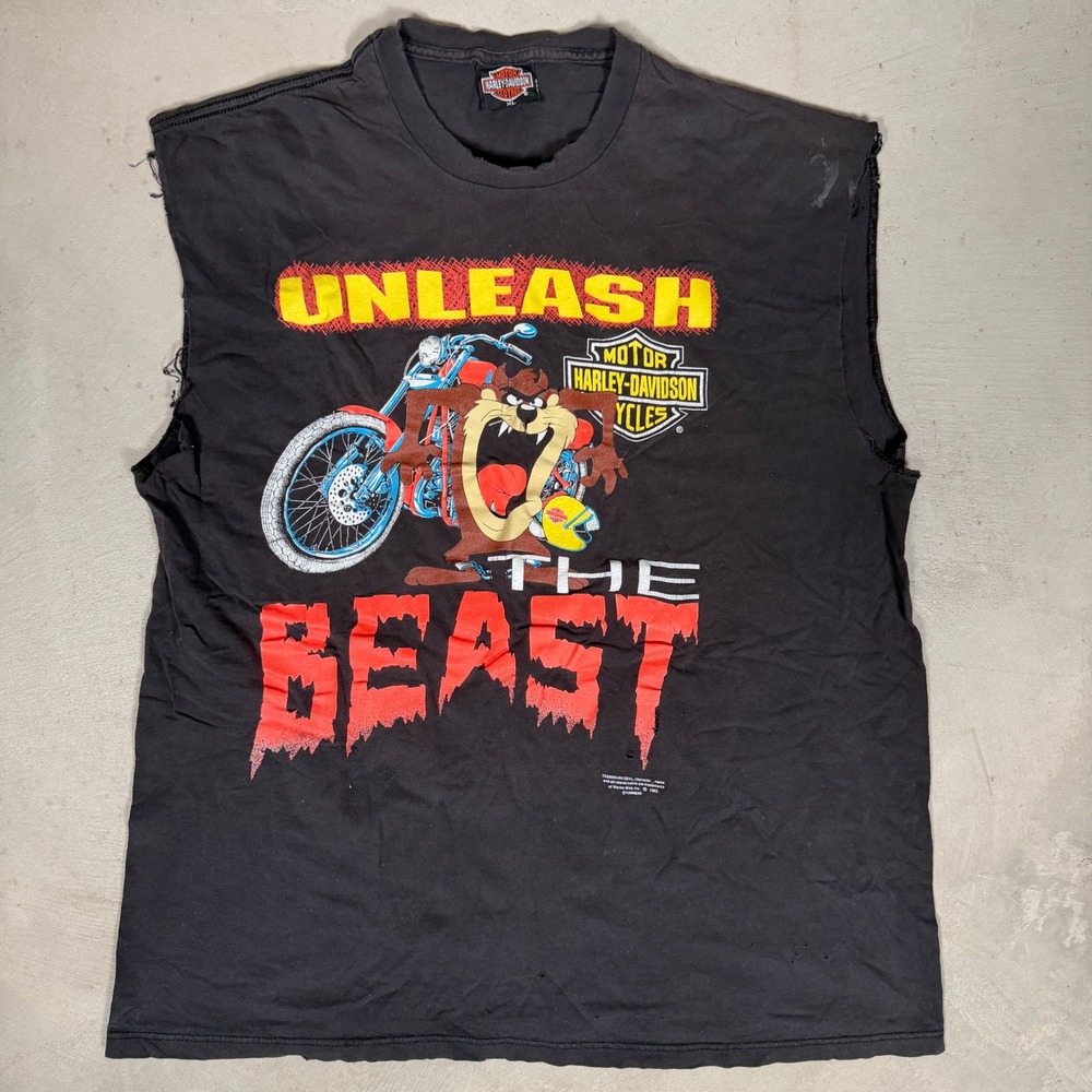 Vintage 1992 Harley Davidson Taz Unleash The Beast Cutoff Shirt XL Black USA